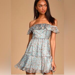 Lulus My Favorite Sky Blue Floral Print Off-the-Shoulder Dress